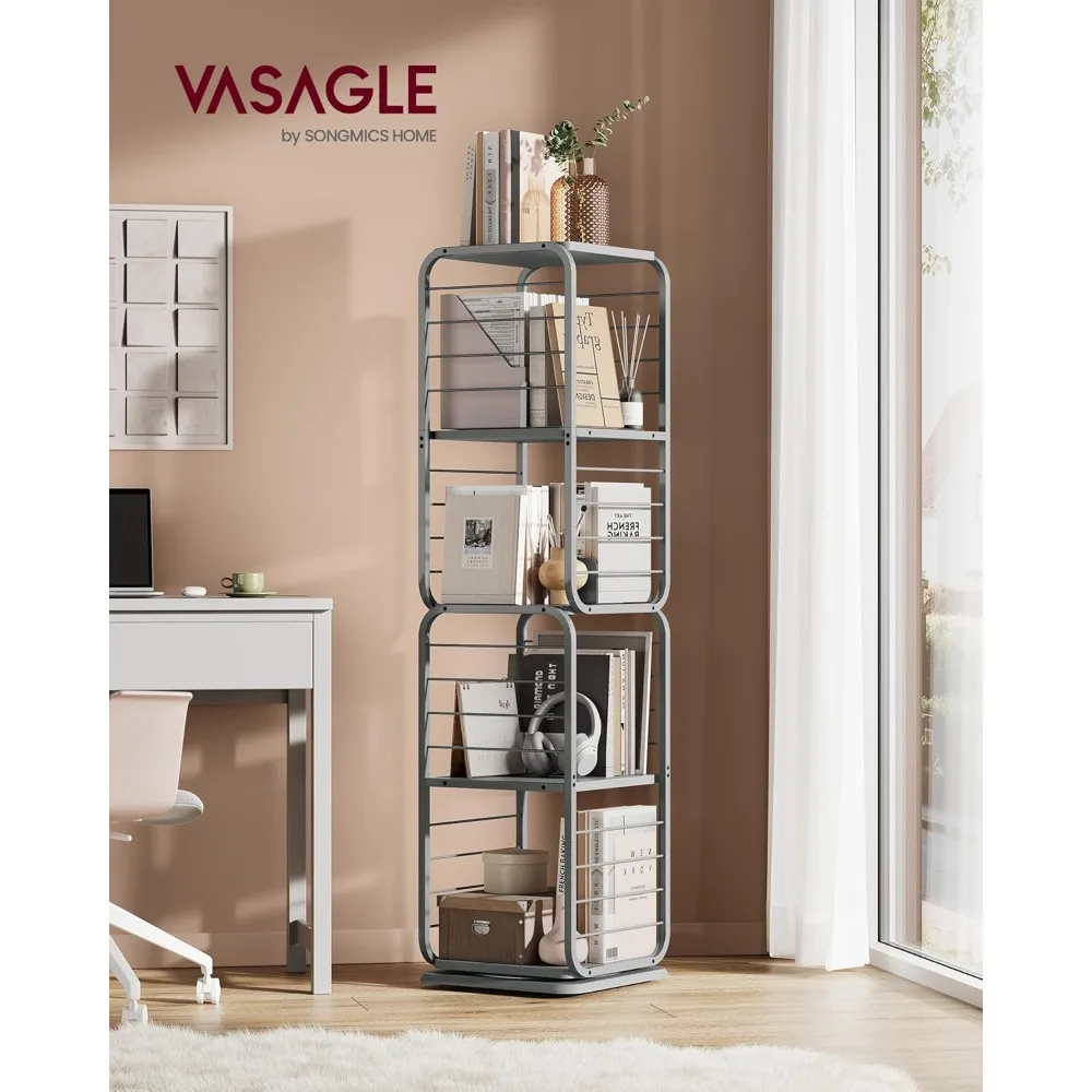 4-Tier Rotating Bookshelf, Bookcase with Bookends for Small Spaces, Corner Shelf, Steel Frame, Dove Grey ULLS127G36