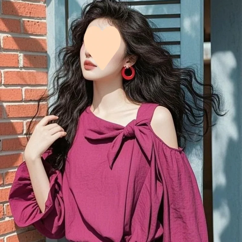Spring New Women Fashion Simple Soft Comfort Unique Design Butterfly Condensation Shoulderniche Long Sleeved Pullover Tshirttops