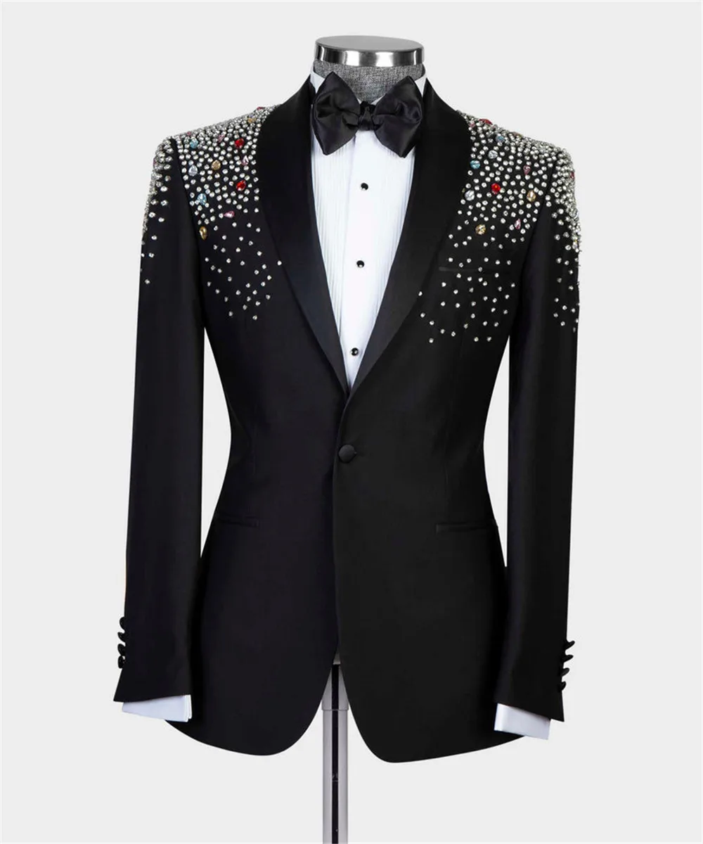 Crystals Beaded Suits Men Single Breasted Jacket Pants 2 Pieces Sets Groom Wedding Tuxedo Customized Prom Blazer Terno Masculino