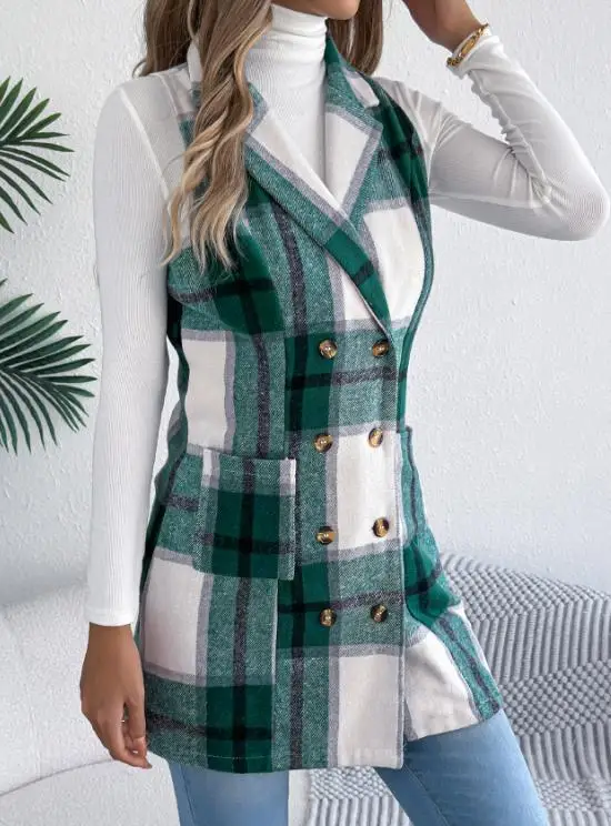 

Women's Vest Jacket Autumn and Winter 2025 Checkered Double Breasted Pocket Woolen Coat Long Vest Commuter Vintage Vest Jacket