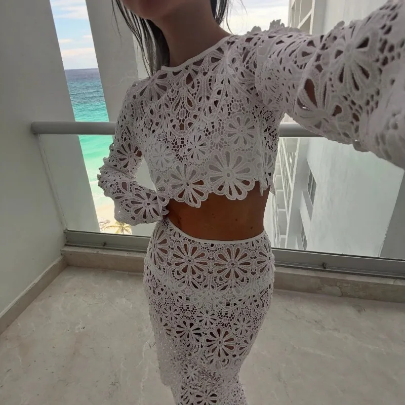 

Floral Lace Crochet Hollow Out Holiday Beach 2 Piece Set Cover Ups Women See Through O Neck Long Sleeve Crop Tops + Maxi Skirts