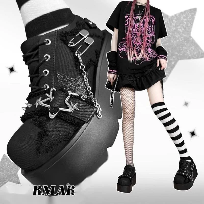 

JK Punk Cake Shoes Japan Denim Lolita Kawaii Landmine High Heels Thick Soled Girl Sponge Shoes Increase Height 7cm Cake Shoes