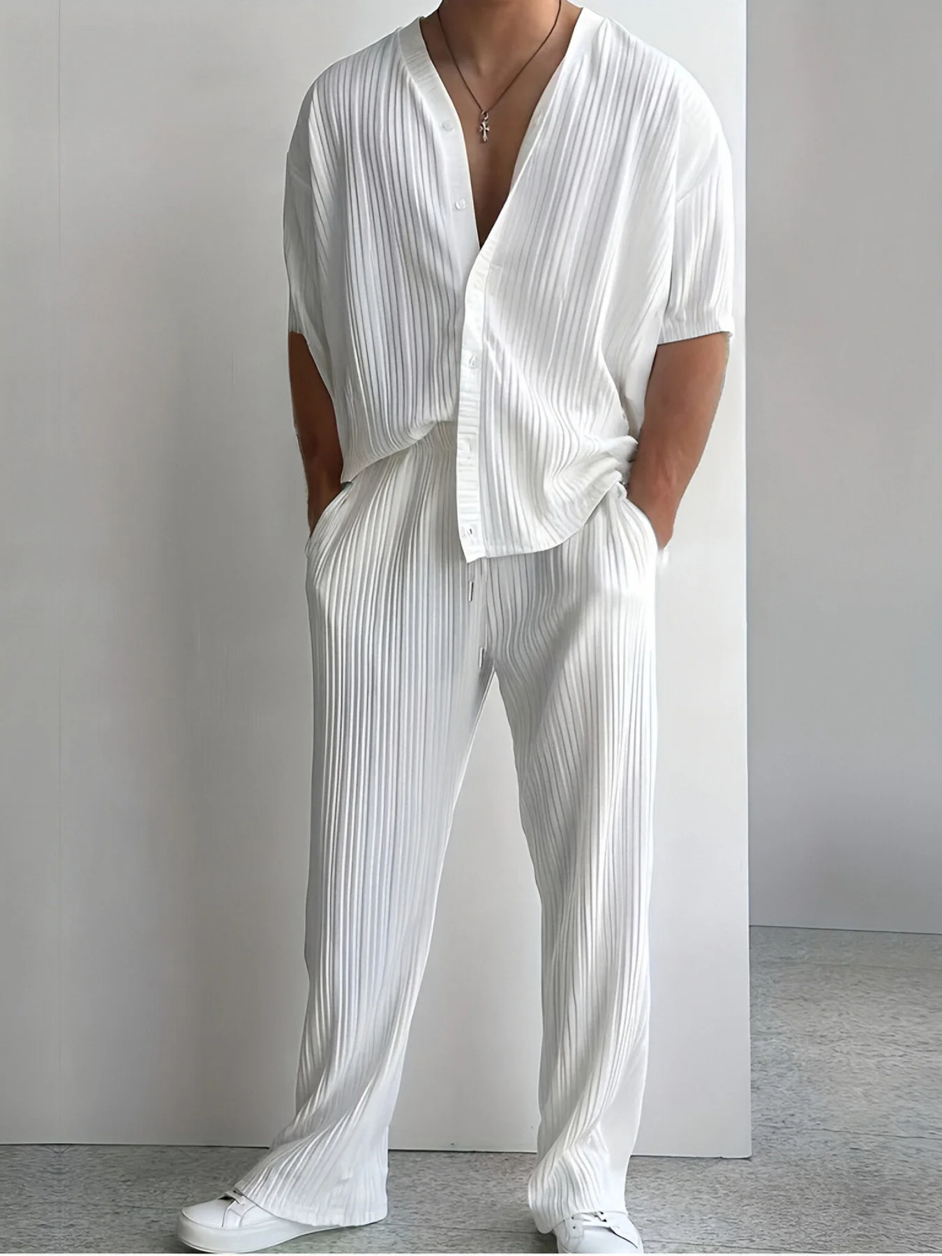 

Men's White Vertical Striped Textured V-Neck Cardigan & Drawstring Pants Set 2 Piece Summer New Chinese Style Casual Outfit