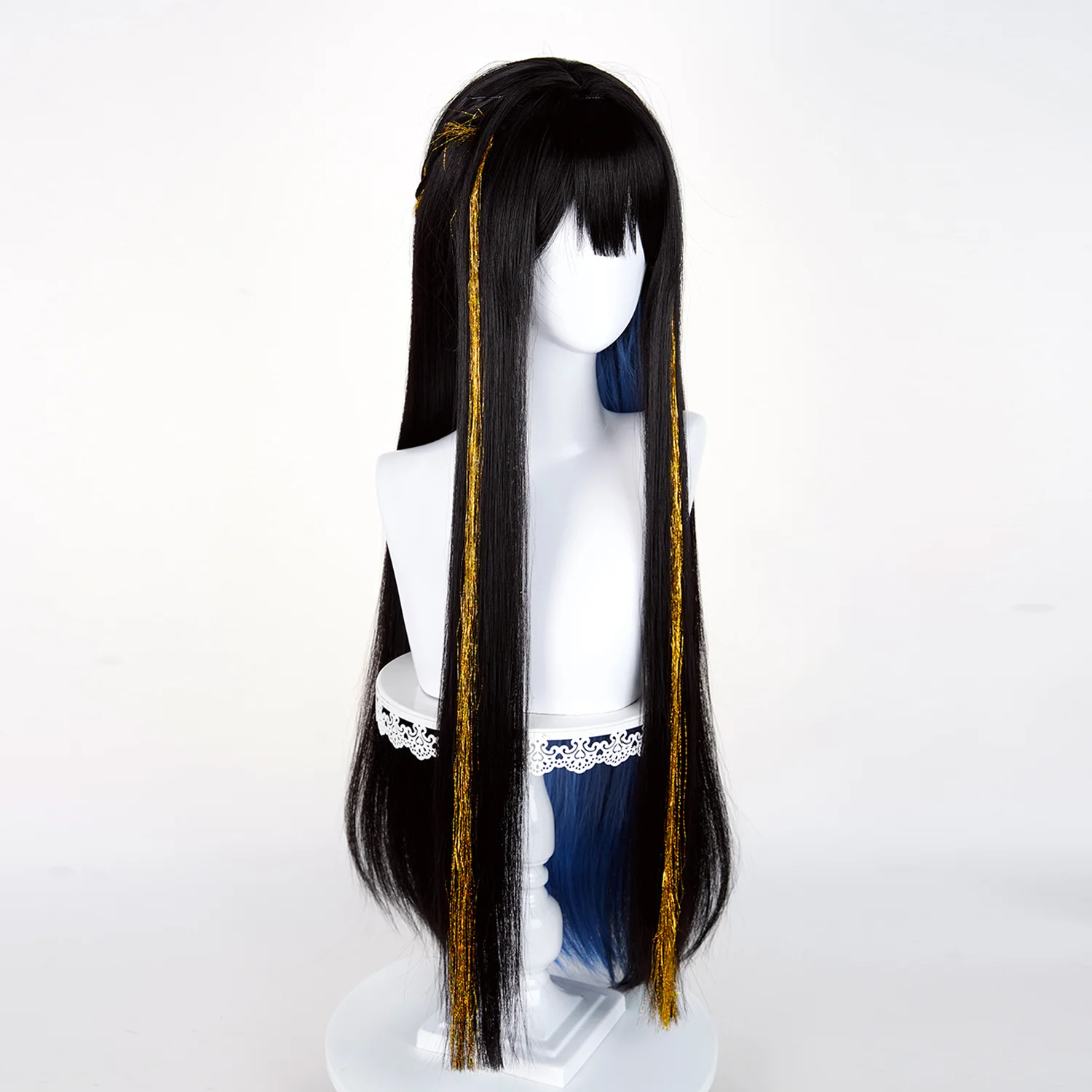ゲーム「崩壊スターレイル」ダリアコスプレウィッグ、ロングブラックブルーハイライトブロンドアクセントウィッグ、コミコンパーティー用、大人男女向け