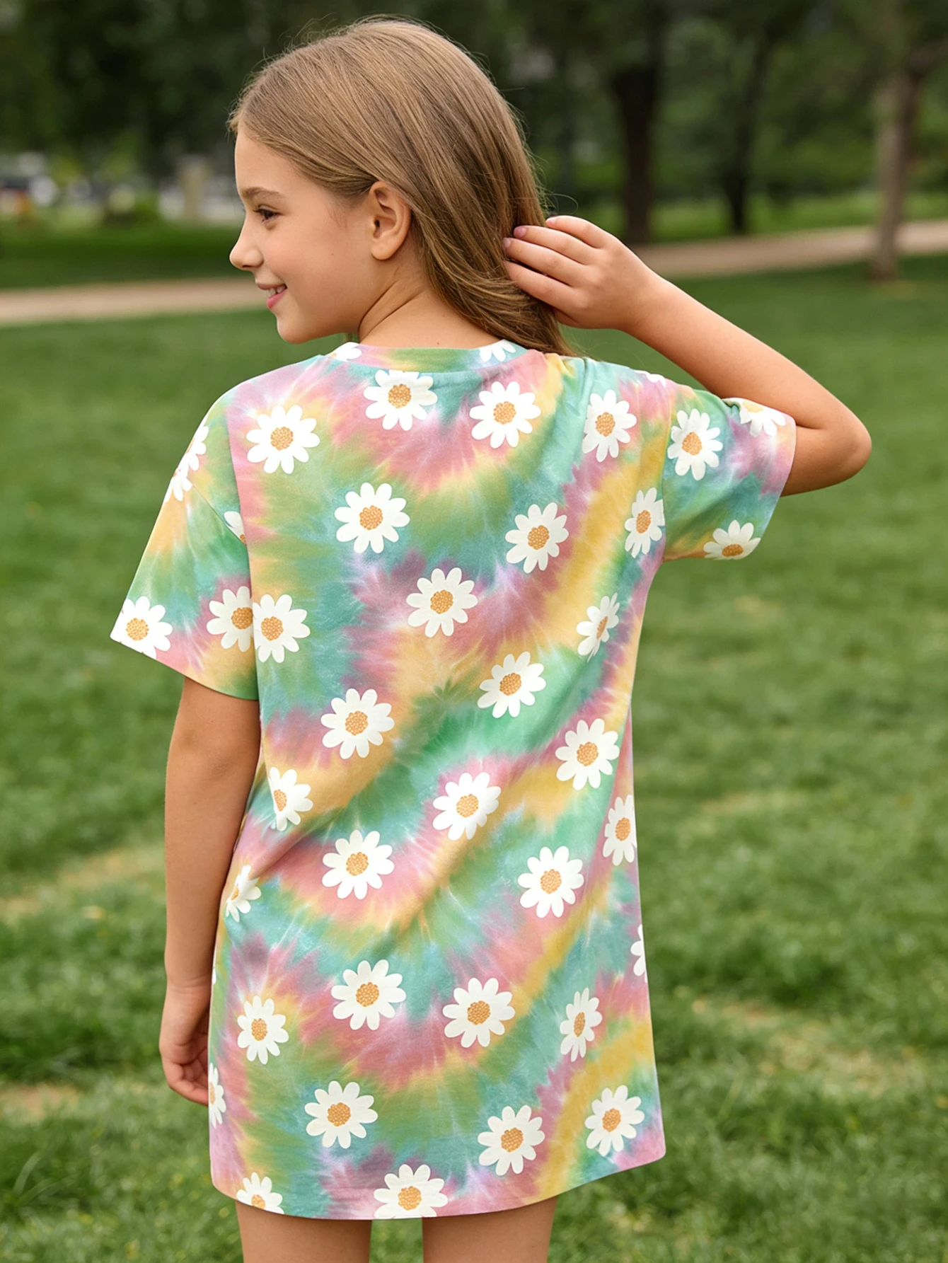 2026 girls rainbow tie-dye daisy short-sleeved T-shirt skirt, pink and green gradual change