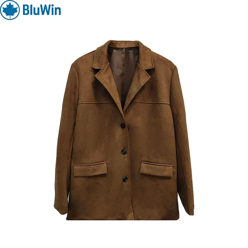 เสื้อเบลเซอร์สไตล์ฝรั่งเศสสีน้ำตาลวินเทจ 12 สี สำหรับผู้หญิง ฤดูใบไม้ร่วง ทรงหลวมโอเวอร์ไซส์ แจ็คเก็ตสุดชิคสำหรับสาวออฟฟิศ