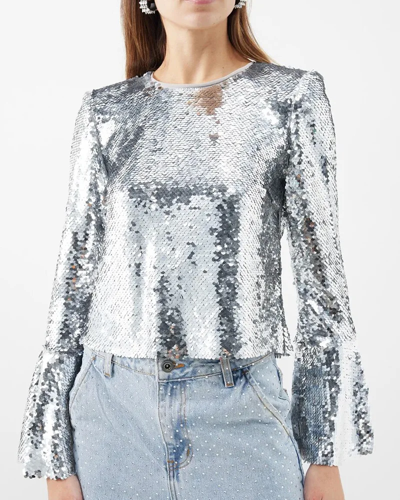 

Короткий топ с круглым вырезом и длинными рукавами в европейском и американском стиле 2025 года, расклешенные рукава, персонализированная футболка