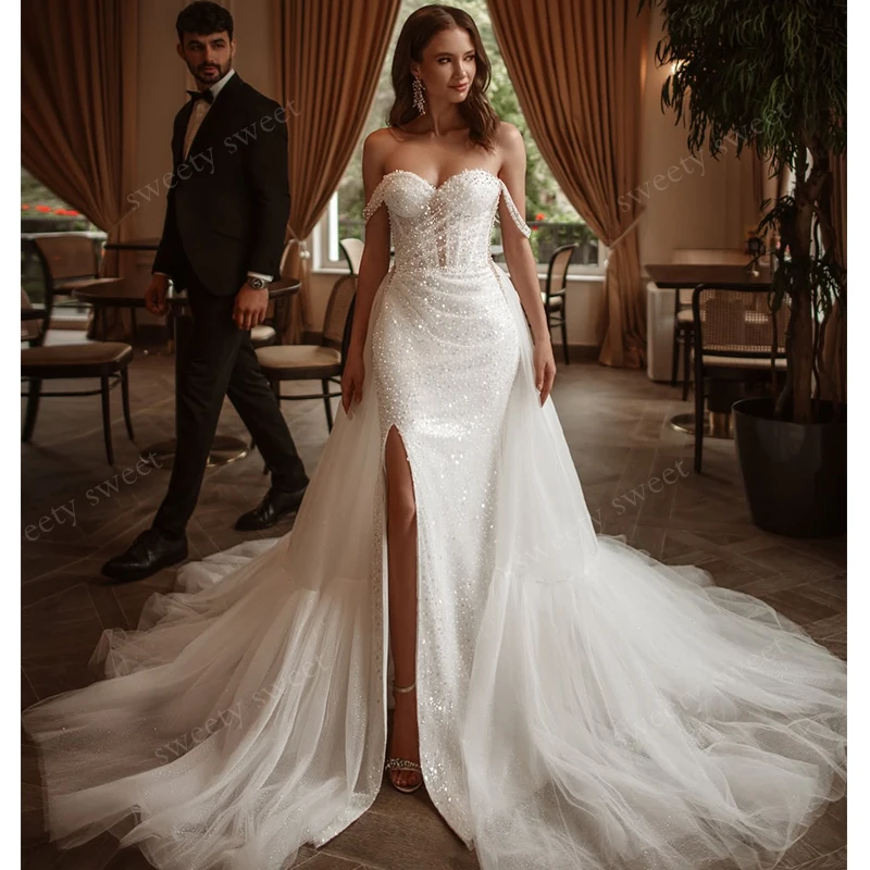 Luxurious Detachable Train Wedding Dress Fully Beaded Slit A Mermaid Ball Gown Sleeveless Square Collar Customized Bride Lace Up