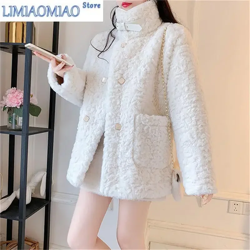 New Thick Imitate Fur Jacket Female Autumn Winter Style Korean Loose Wild Lamb Hair Short Coat Green Button Outwear