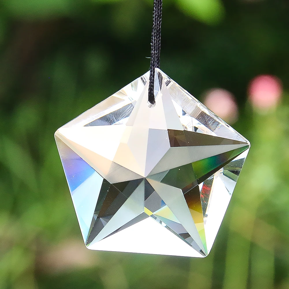 45mm Faceted Pentagram Crystal Suncatcher Chandelier Lamp Parts Pendant Glass Prism Hanging  Light Catcher Window Garden Decor