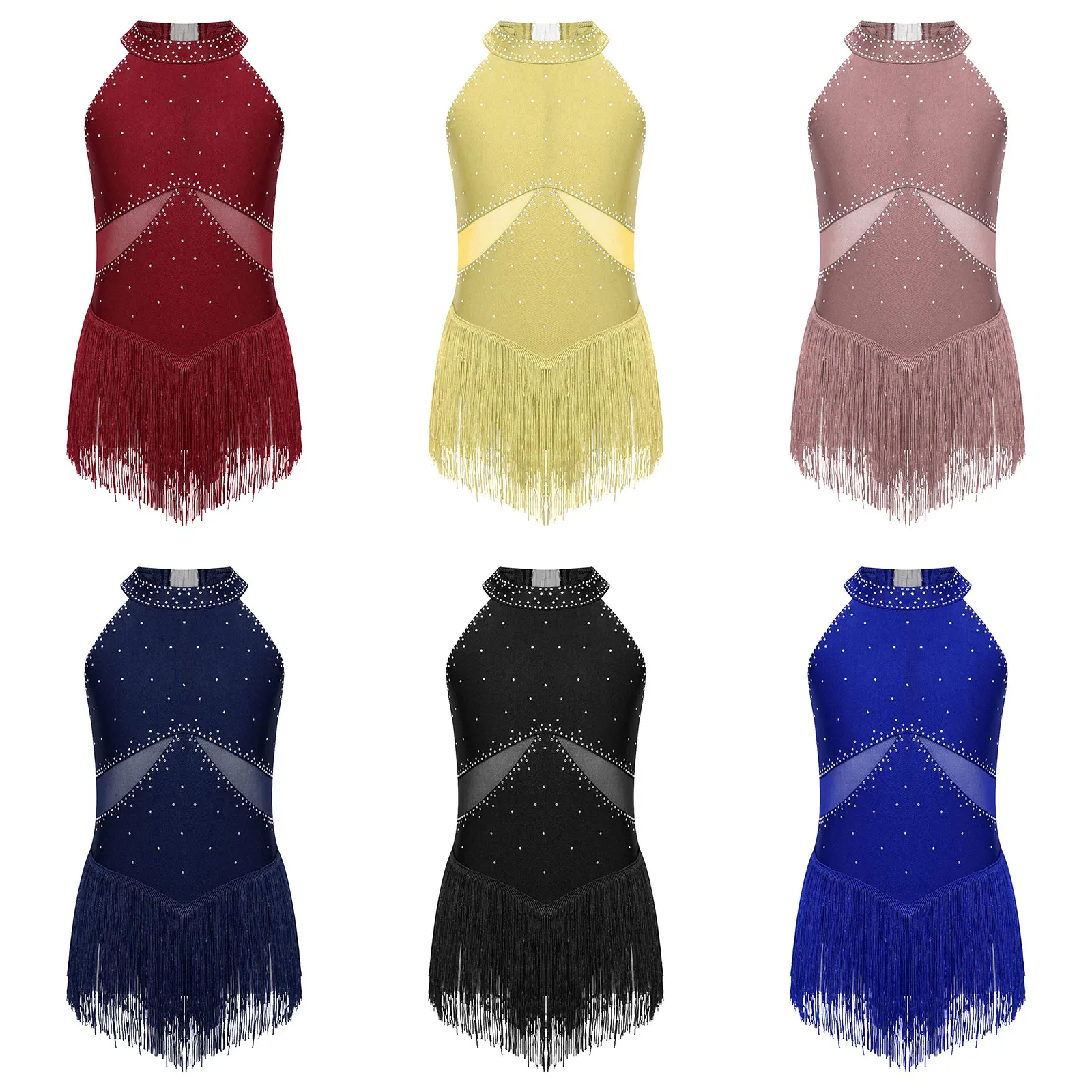 Kids Girls Latin Jazz Tango Dance Dress Skating Dancewear Rhinestones Tassel Leotard Sheer Mesh Patchwork Bodysuit Skirted Dress