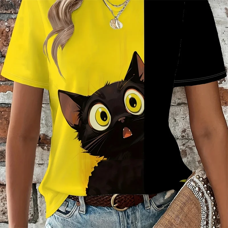 Cartoon Cat Women's T-shirt Cute Y2k Fashionable Simple Short Sleeved Casual O-neck Daily Work Commuting Oversized Women's Top