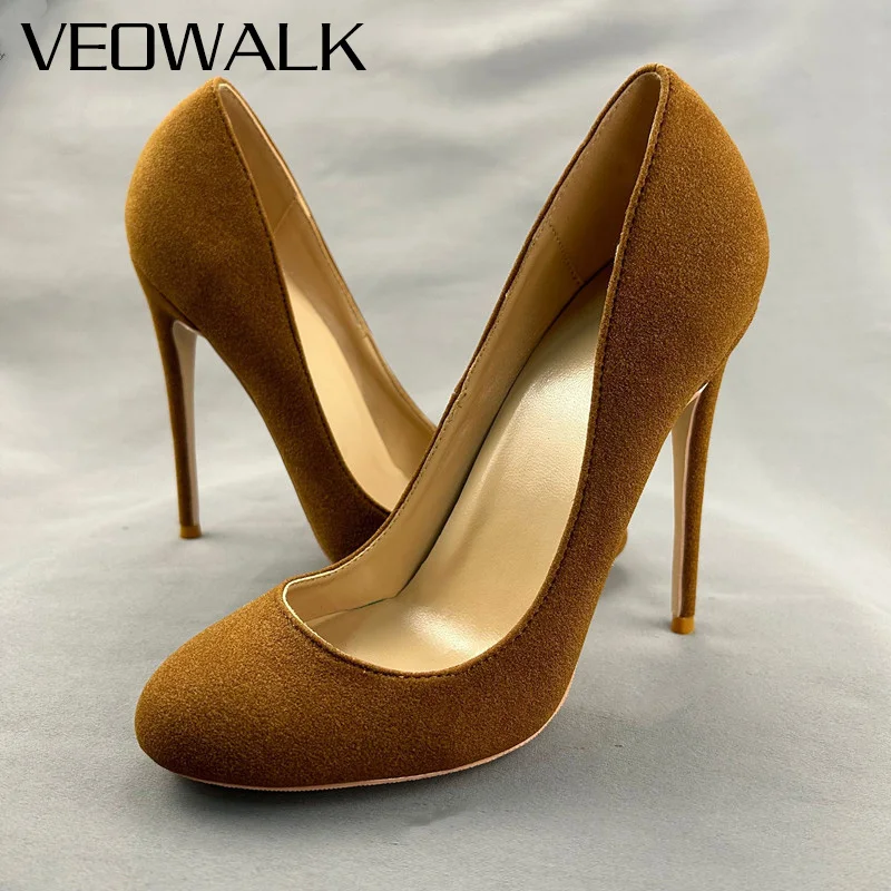 Veowalk Flock Suede Women Round Toe Stiletto Pumps Comfortable Slip On Stiletto Pumps for Elegant Ladies Color Customizable