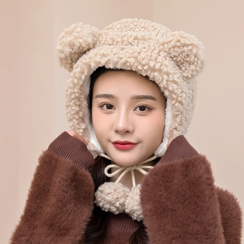 Little Bear Ears Lei Feng Hat Female Winter Ear Protection Hat Cute Wool Ball Warm And Cold Proof Trend Thickened Lamb Hair Hat