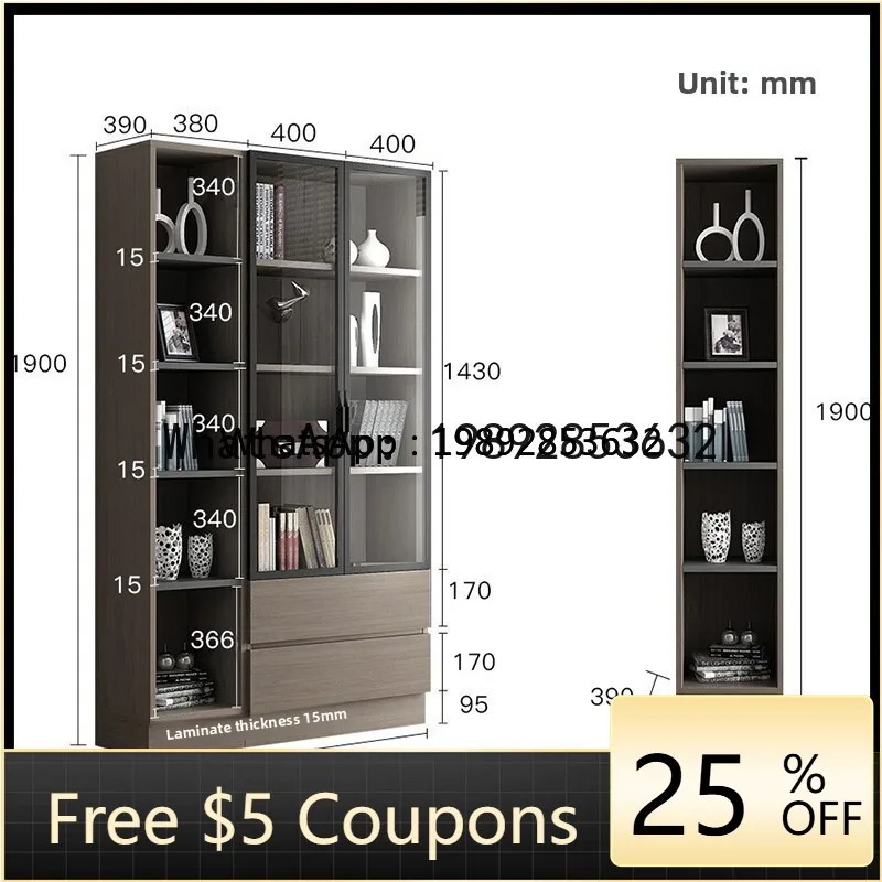 

F2 Modern Minimalist Glass Door Bookcase Study Room with Drawer Side Cabinet Storage Organizer