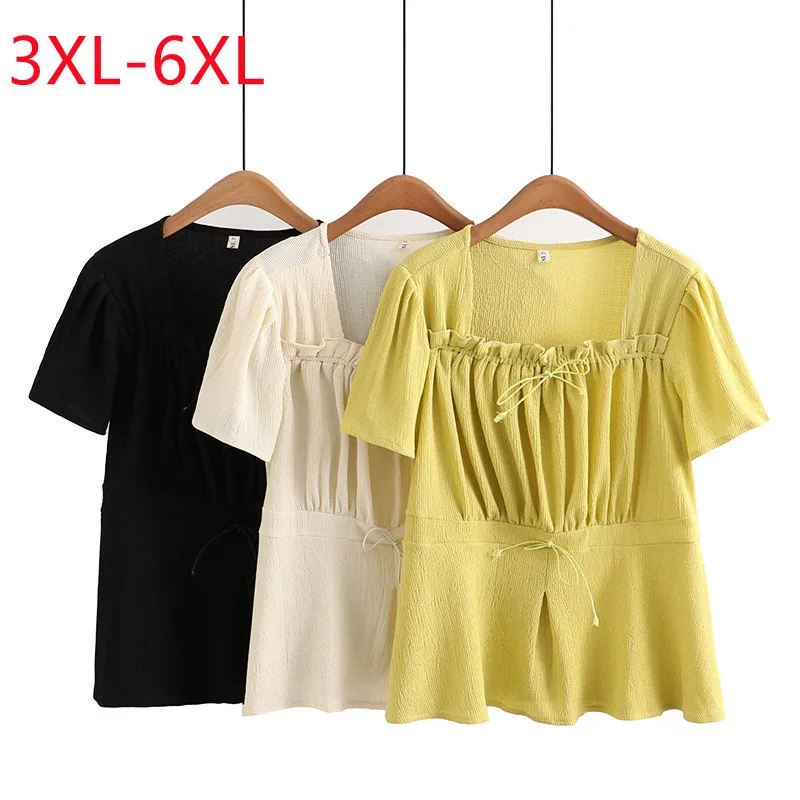 New 2023 Ladies Spring Summer Plus Size Tops For Women Large Size Short Sleeve V-neck Yellow T-shirt Blouse 3XL 4XL 5XL 6XL