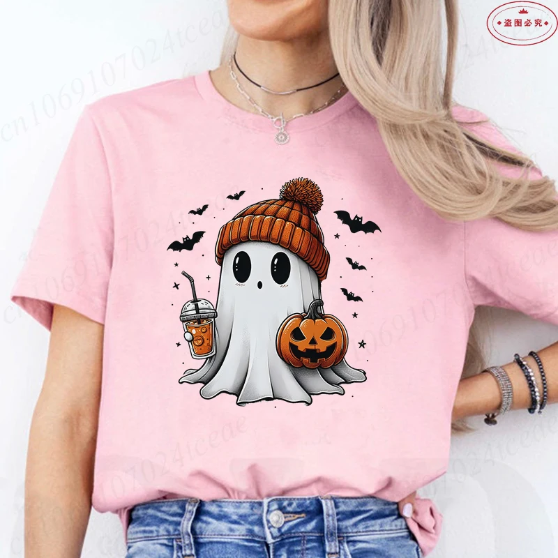 Little Boo Drinking Coffee Women T-Shirts Fashion Halloween Party Spooky Season Shirt Harajuku Graphic Tops Casual Streetwear