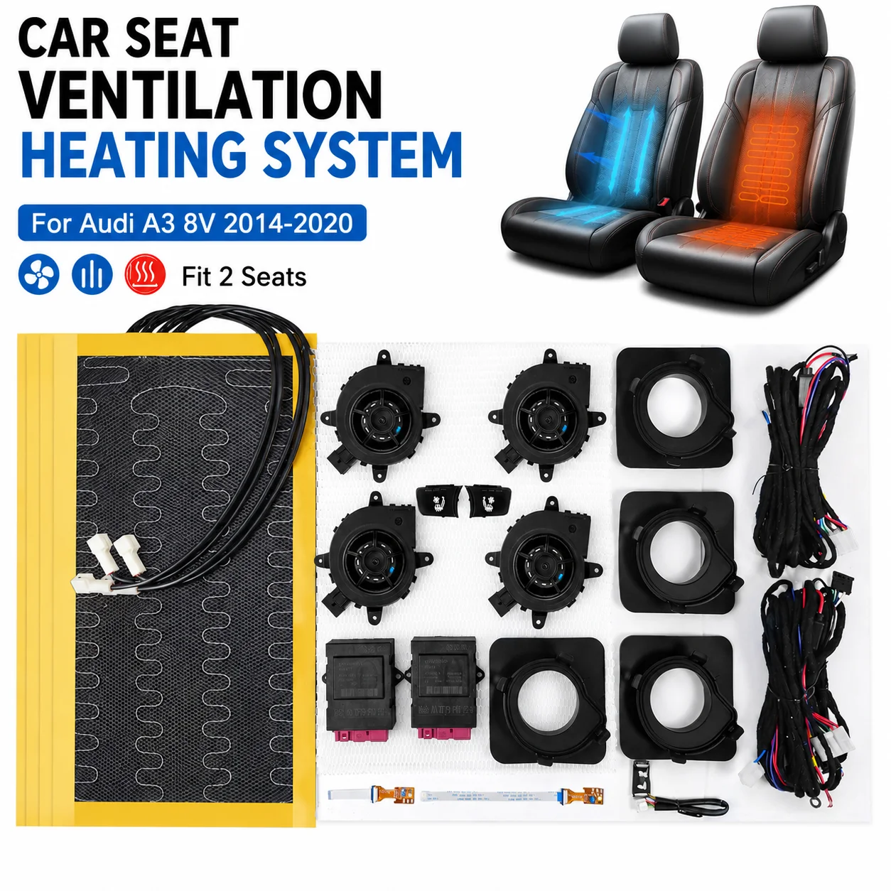 For Audi A3 8V 2014-2020 Car Seat Ventilation Heating Kit 12V Heated Ventilated Seat Retrofit System 3-Level Adjustable 2 Seats