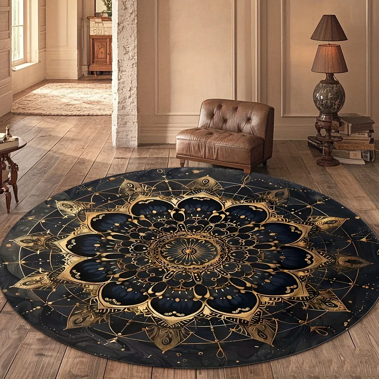 Flannel Printed Round Rug Black Gold Mandala Design Spiritual Zen Pattern Soft Floor Mat For Bedroom Living Room Home Decor