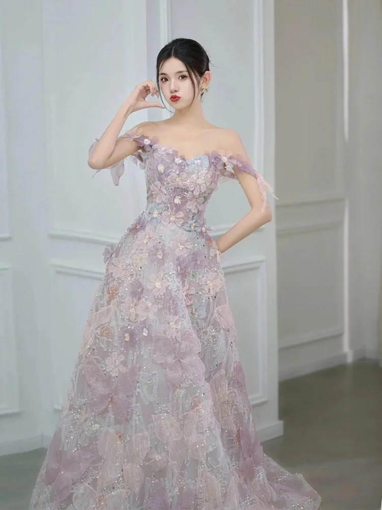 Тяжелая работа, свадебное платье, фиолетовое вечернее платье с цветочным принтом, длинная юбка трапециевидной формы для невесты, свадебного торжества