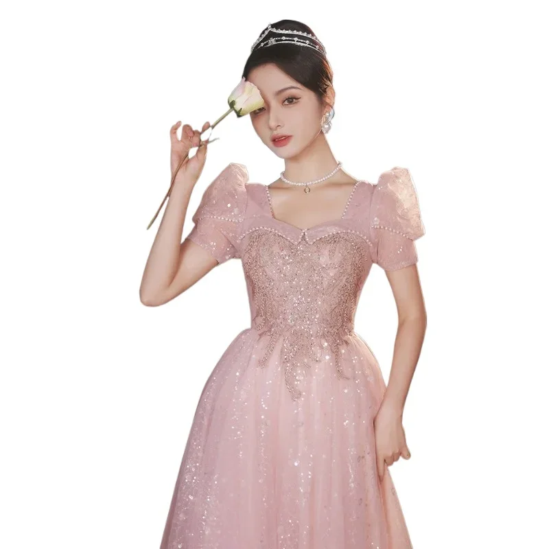 Vestido de noche rosa para mujer, primavera 2025, nuevo estilo, estilo banquete, reunión anual francesa, examen de arte, vestido de reunión anual de moda