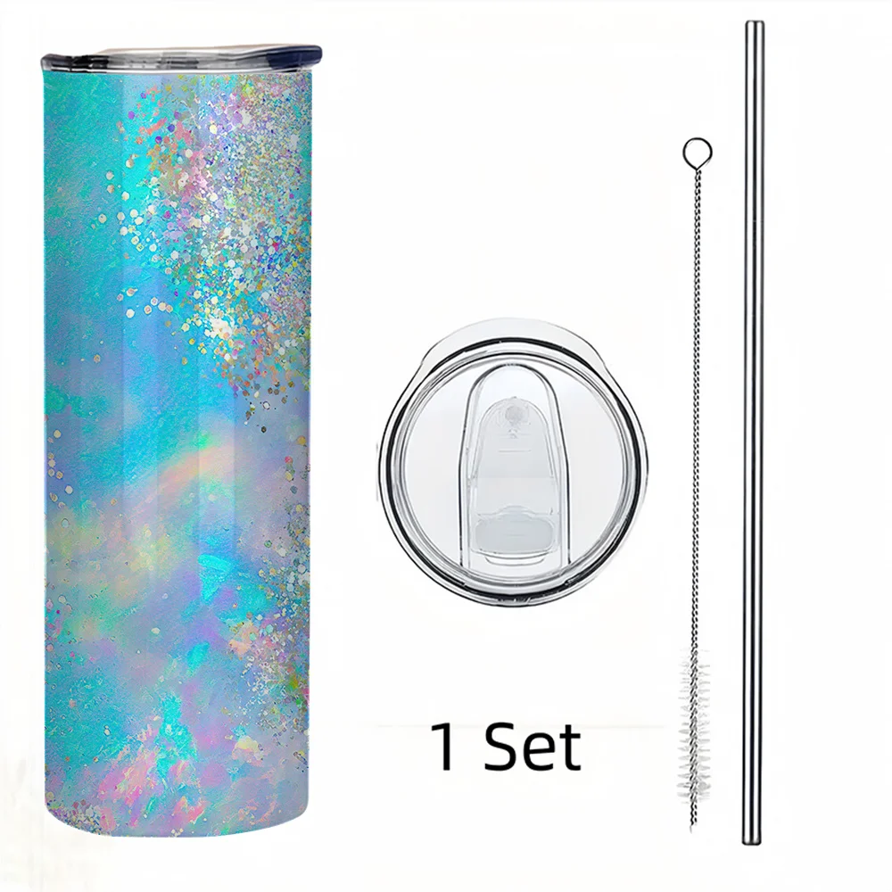 1pc 20Oz Insulated Tumbler, Iridescent Pastel Swirls with Sparkling Silver Glitter Design, with Straw And Brush, Double-Walled Steel Cup for Hot/Cold Drinks, Perfect Gift for Anyone Who Loves a Dreamy, Holographic And Shimmering Aesthetic