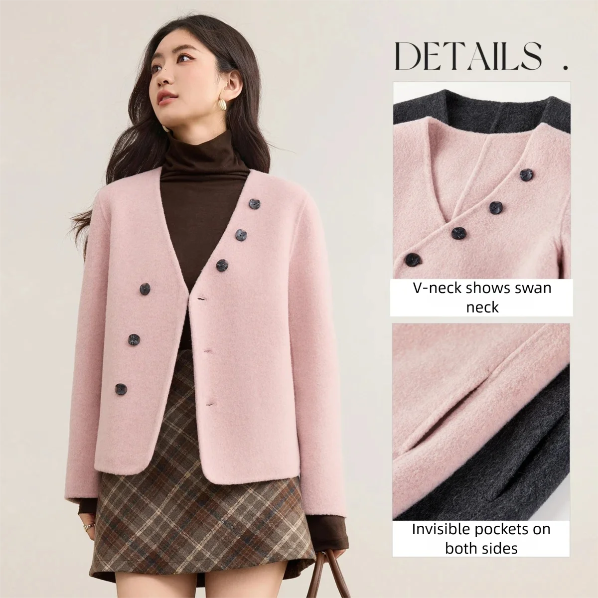 SENTBUILA New Coats for Woman 2025 Autumn Wool Blend V-neck Jackets Double Sided Wool Short Loose Female Clothing W54OF2424