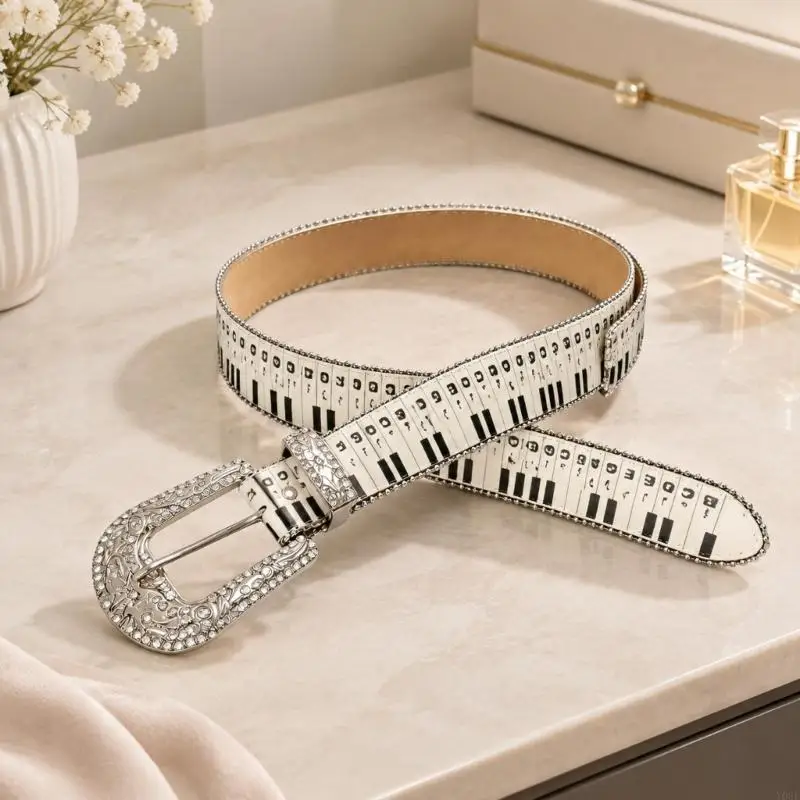 Beaded Piano Print Belt with Adjustable Closure, Sparkling Hardware and Easy-Clean Faux Leather Strap for Women Girl Y08E