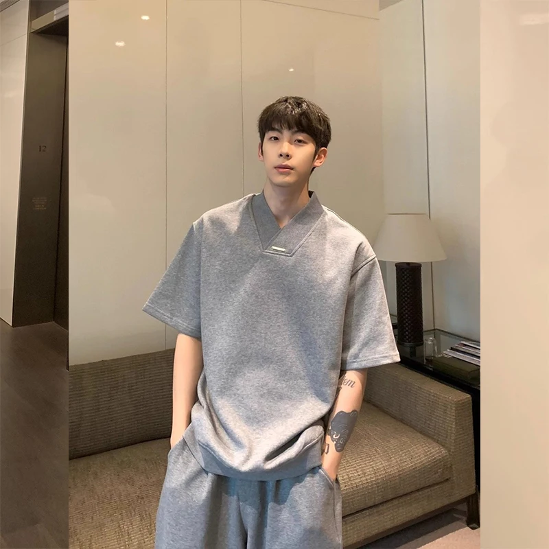 Summer Men V Neck Short Sleeve Solid Color T Shirts Fashion Chic Simple All-match High Street 2xl Oversized Clothing Black Grey
