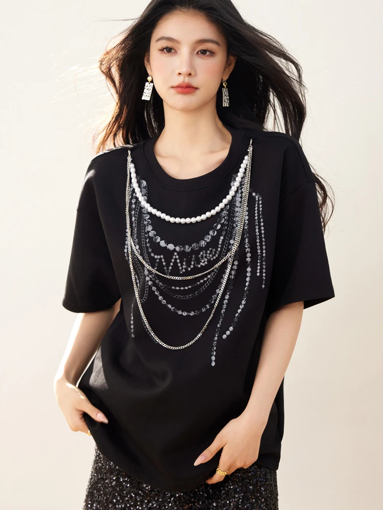 T-shirt Women's Summer New Fashionable Loose O-Neck Chain Glitter Black Short Sleeved Top S547