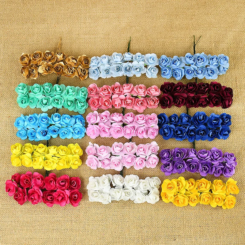 144pcs Mini Paper Artificial Rose Flowers Bouquet for Wedding Christmas Party Wreath Scrapbooking Craft Fake Flowers Multi-Color