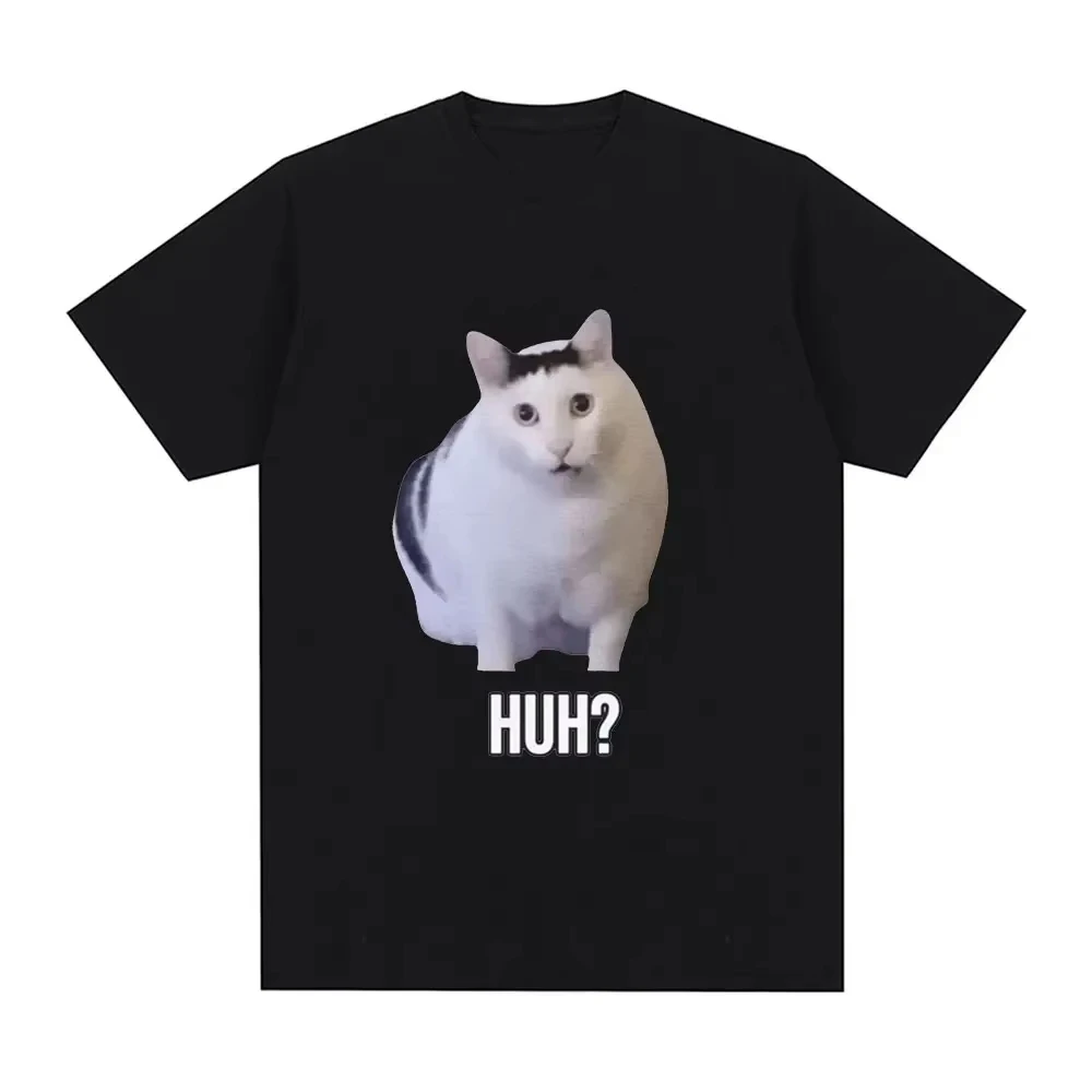 Funny Confused White Cat HUH Text Graphic T-shirt Women Loose Hip Hop Street Style Daily Wear Breathable Cotton Tops