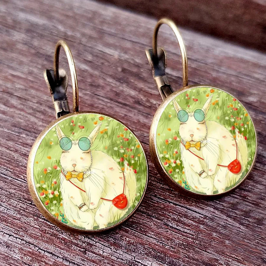 2024 New Painting Rabbit Earrings Cute Rabbit Animal Glass Cabochon Handmade Women\'s Jewelry Earrings I love little rabbits