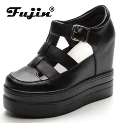 Fujin 11CM nuove donne sandali scarpe comode fibbia moda estate RoundToe piattaforma zeppa tacchi alti nascosti signore traspirante