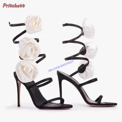 White Roses Satin Ankle Strap Sandals Round Open Toe Thin High Heels Women Stilettos 2024 New Summer Shoes Luxury Dress Party