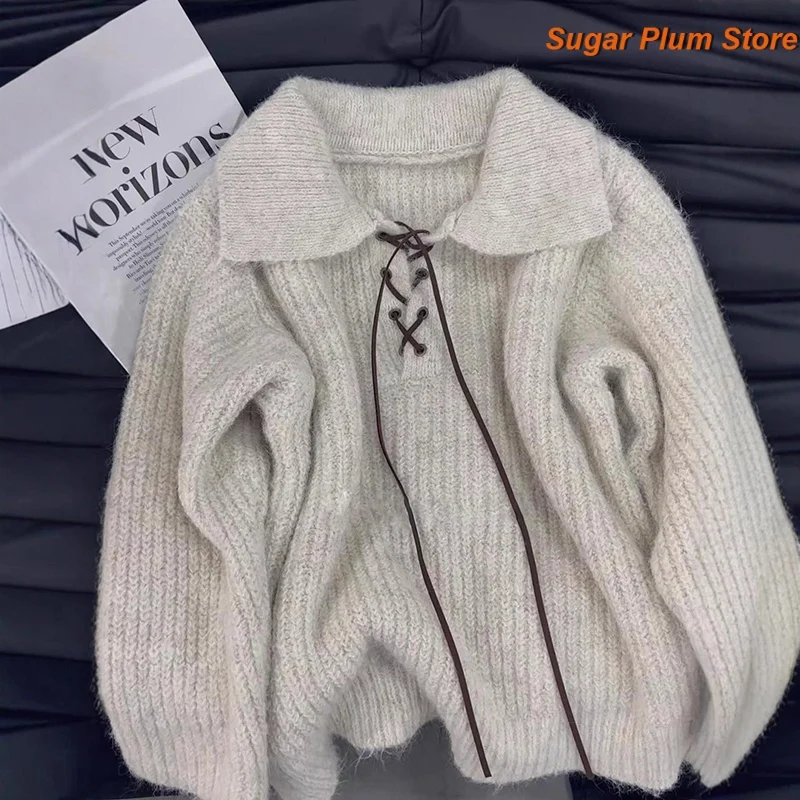 Retro Half-open Neck Strap Sweater Women's Autumn and Winter Korean High-grade Polo Neck Loose Casual Thick Sweater Thick Coat
