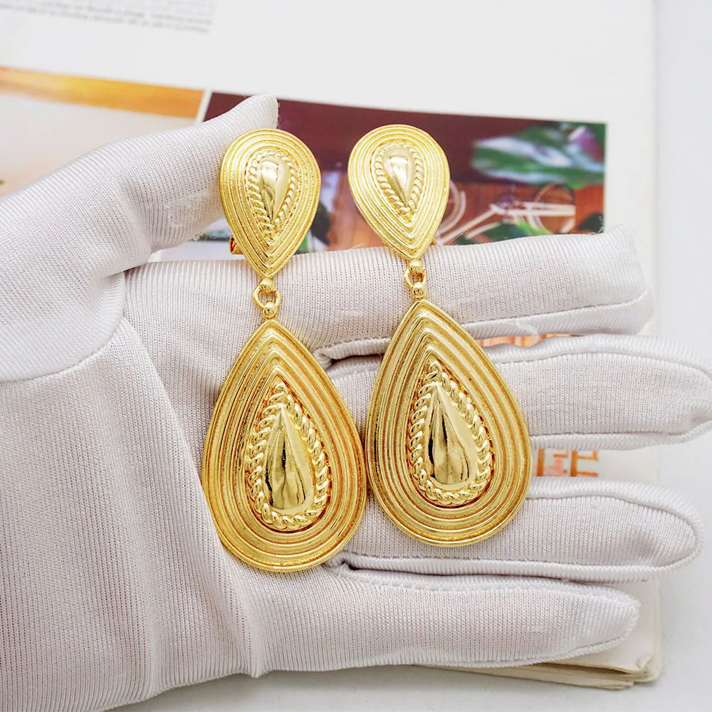 

AU999 24K Gold Teardrop Women's Earrings - African Wedding Party Style, Long Dangle, Brilliance Elegant
