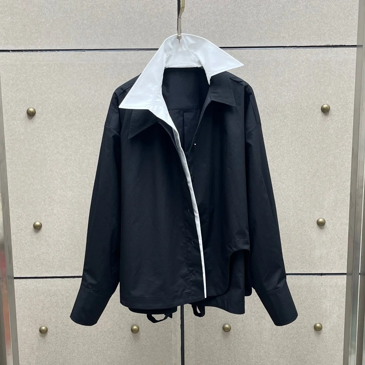 High Quality Women Contrast Fake Collar Shirt, Back Tie Loose Drop Shoulder Irregular Long Sleeve Blouse