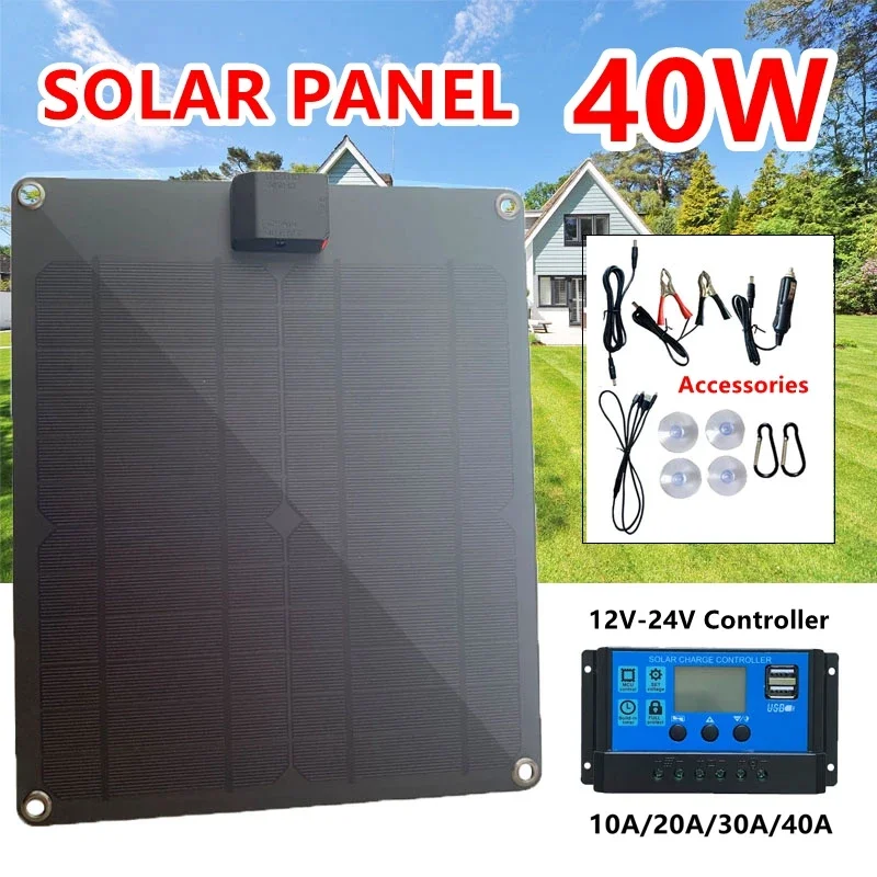 40W Solar Panel 12V/5V USB Solar Cell Waterproof Phone Solar Charger for Outdoor Camping Hiking Car Yacht RV Battery Charging