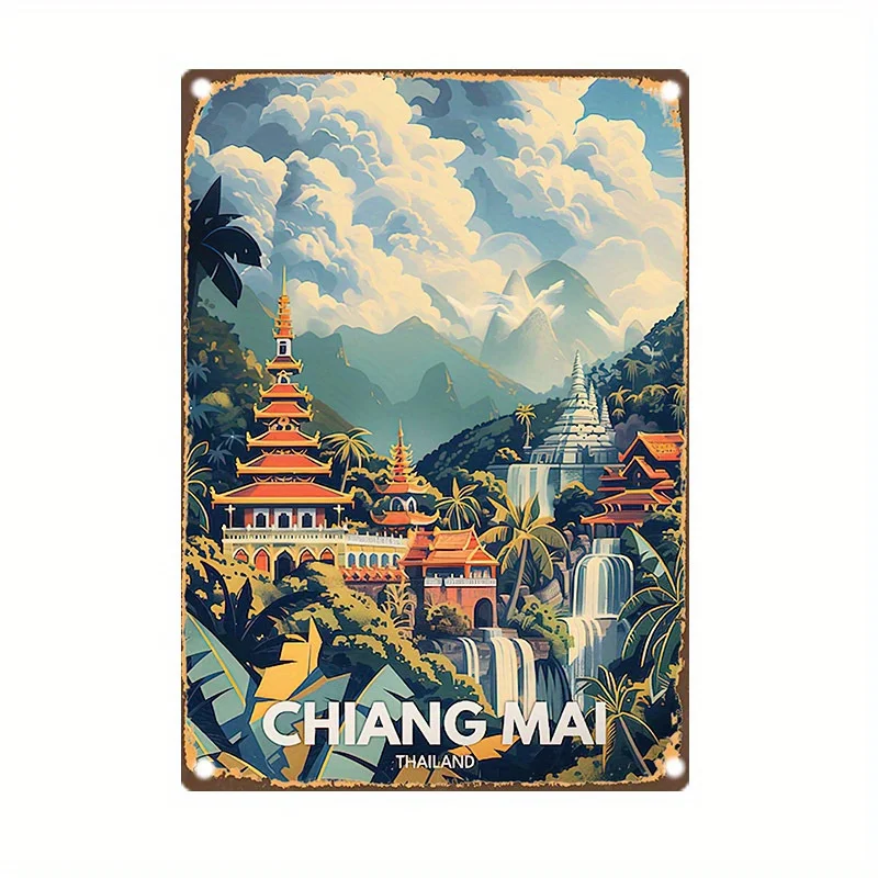 Room Decor  Chiang Mai Thailand Scenic Landscape Vintage Metal Tin Sign, Iron Wall Art, Pre-Drilled, Waterproof, Weather-Resista