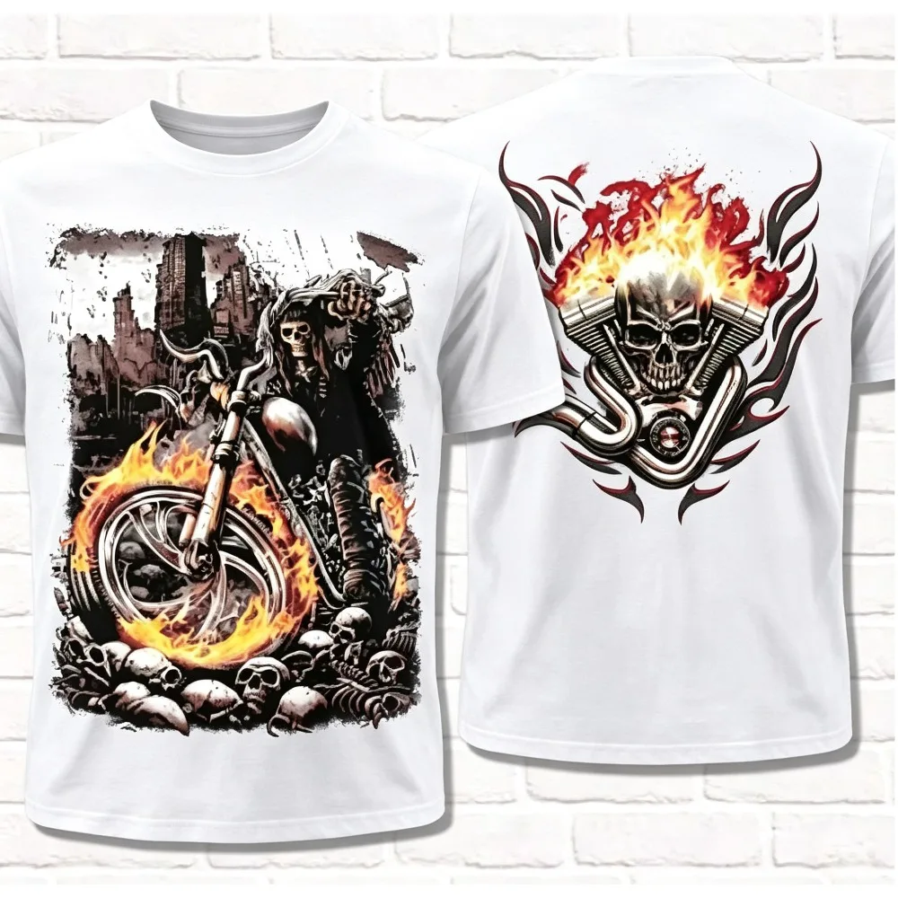 2026 New Flame Skeleton Biker Double Sided Print T-shirt,  Dark Hardcore Biker Street Loose Unisex Trend Tops