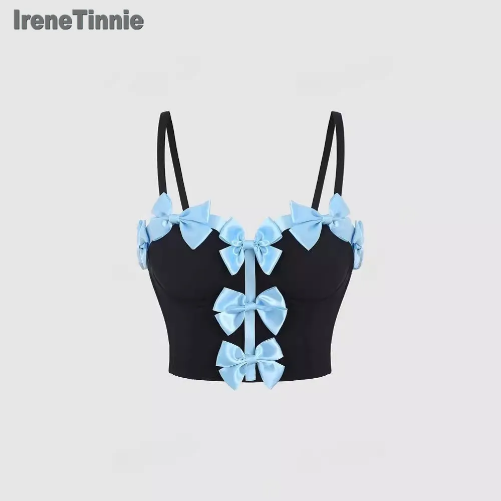 

IRENE TINNIE Fashion Tank Top Sweet Blue Bow Crop Top Mesh Black Corset Women Party Night Club Bustier Streetwear Clothes