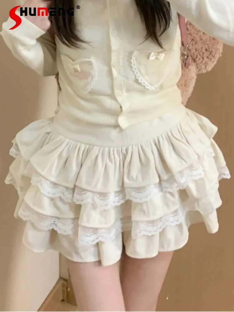 

Japanese Style Cute Woman Cake Skirt 2023 Autumn Winter Sweet High Waist A- Line Lace Short Stitching Puffy White Skirts Ladies