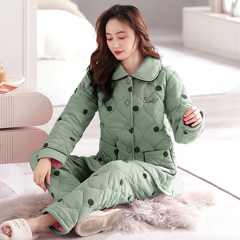 Women's pajamas winter cotton cardigan polka dot design winter three layer thick cotton home clothing thermal insulation set