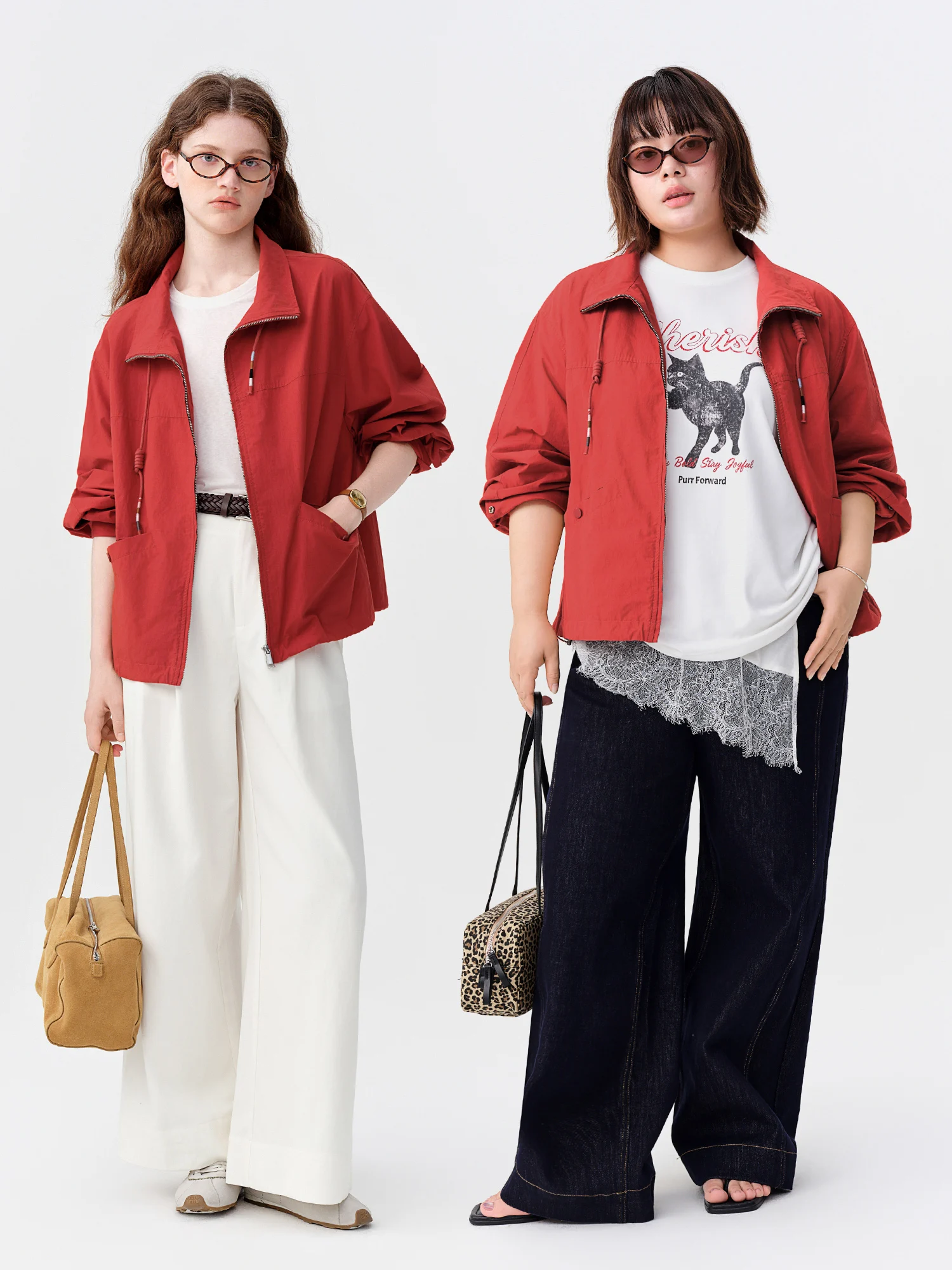 DUSHU Retro-style Stand-up Collar Short Jacket Autumn Drawstring Short Coat Floral Print Commuting H-Shape Casual Jacket Pockets