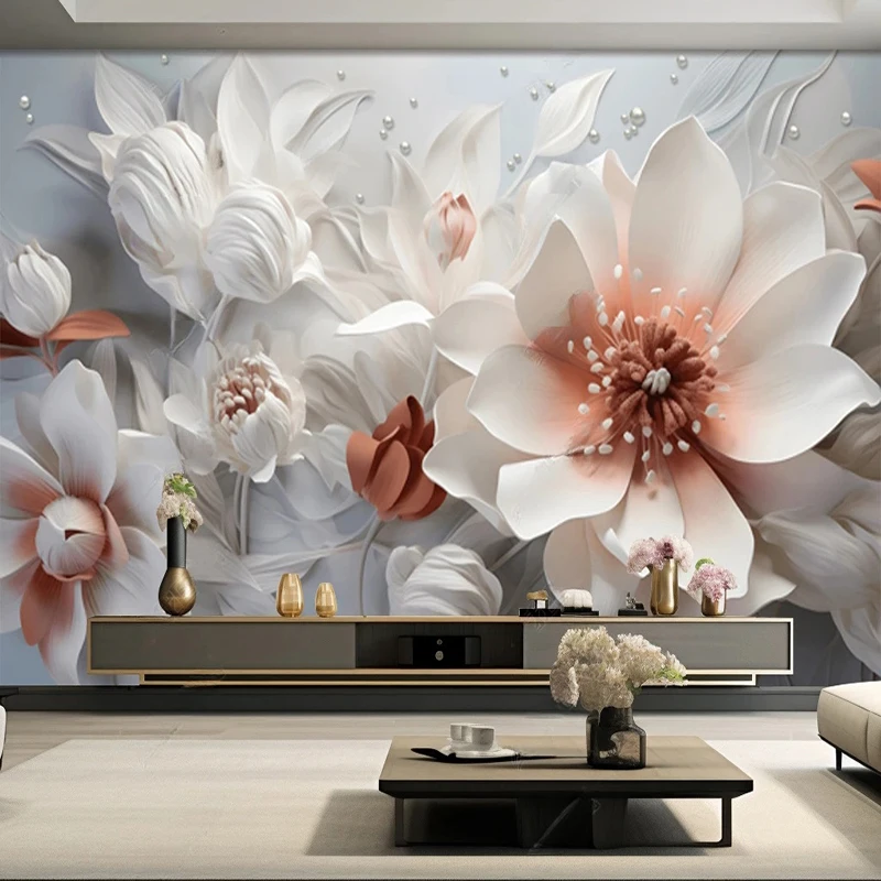 

Custom Size Photo Wallpaper Light Luxury 3D Flower Pearl Background Wall Mural Living Room TV Sofa Home Decor Classic Wall Paper