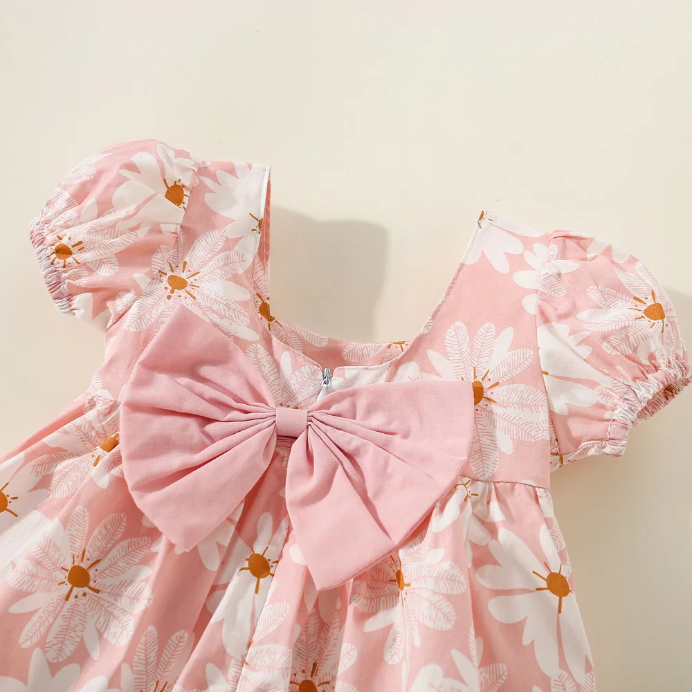 Summer Baby Girl Dress Fresh Flower Printed Dress Bow Cute Baby Girl Short Sleeved Beach Dress (0-3 Years Old)