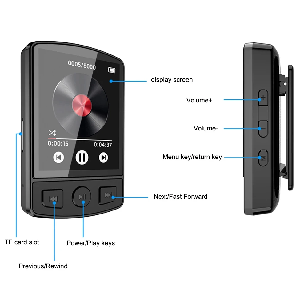مشغل MP3 محمول مع راديو FM ، مشبك جهاز اتصال ، صوت HiFi ، متوافق مع بلوتوث ، شاشة