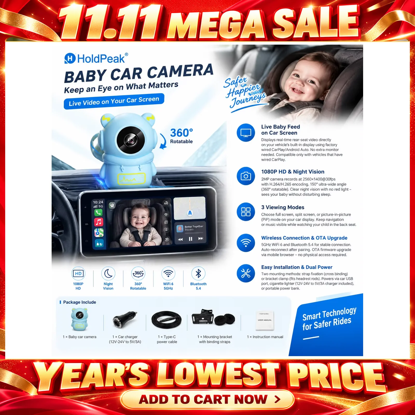 Baby Car Camera Wireless Carplay Adapter, 1080P HD Night Vision Back Seat Monitor, 150° Wide Angle for Kids, Easy Install