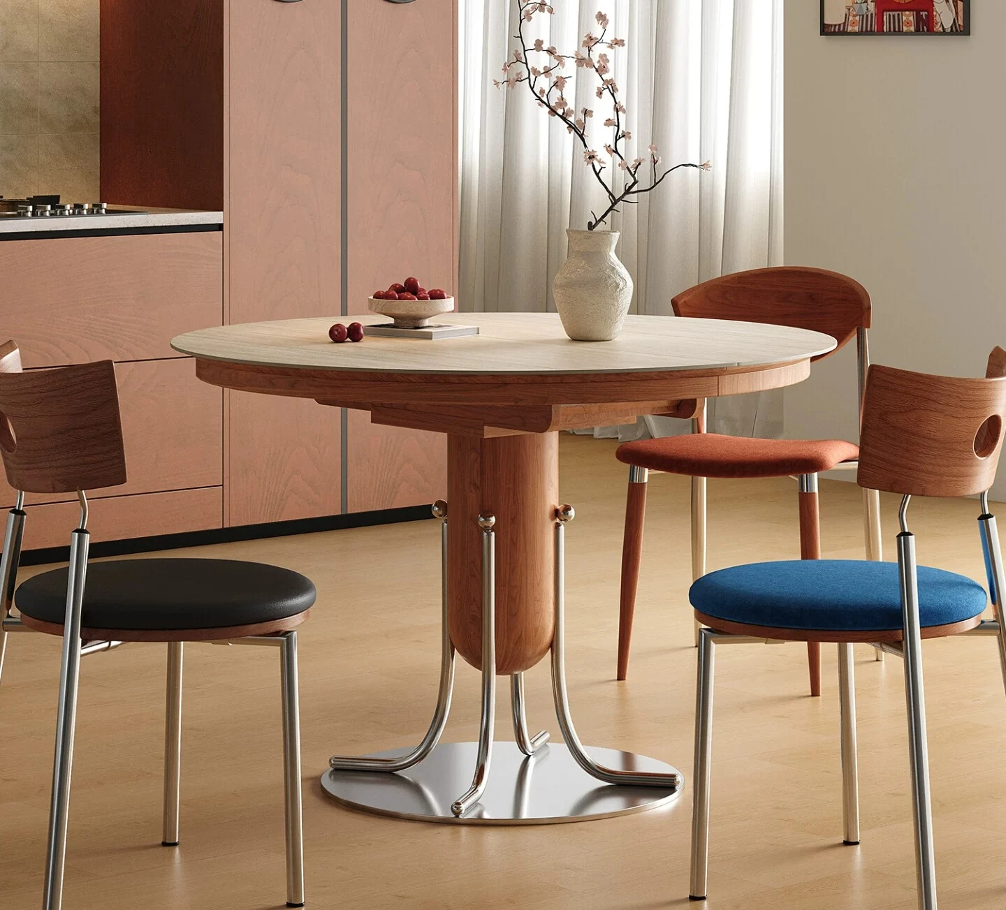 

Slate dining table round retractable folding antique Bauhaus household small apartment solid wood round table